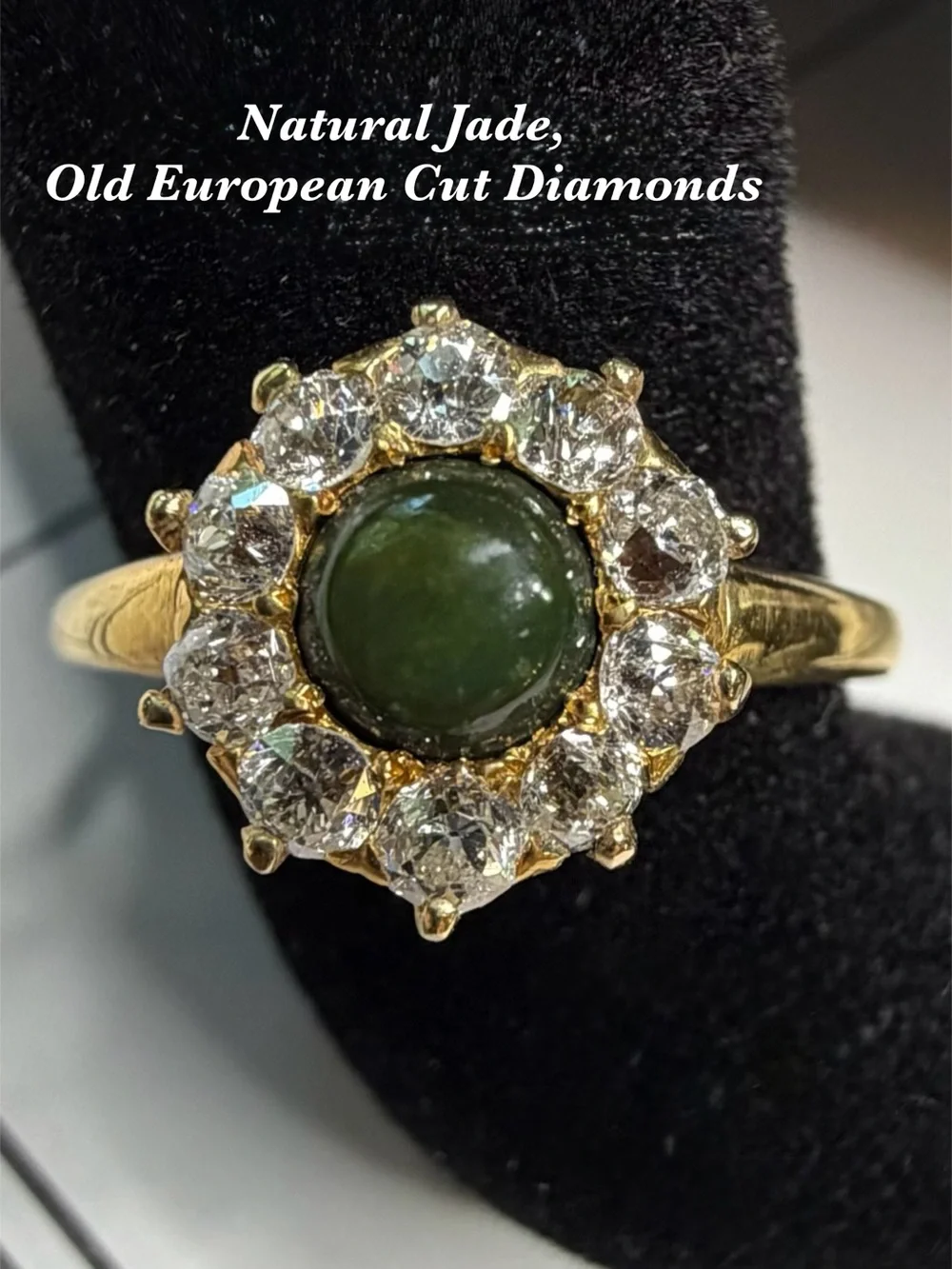 Old European Cut Diamonds .50ct & Jade Cabochon 14K Yellow Gold Ring‎ Estate VTG